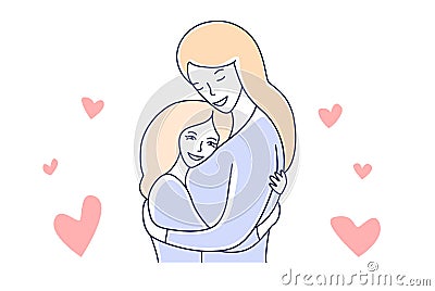 Mother and daughter. Motherhood love. Mom hugging a child hand drawn style vector illustration Vector Illustration