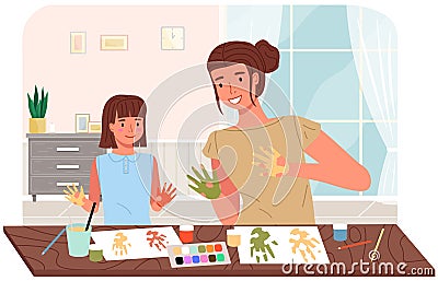 People paint hands with dye and leaves traces of palms on paper. Mother and daughter painting Vector Illustration