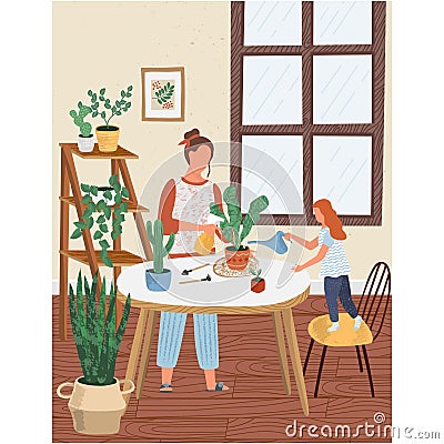 Mother and daughter planting home garden vector Vector Illustration