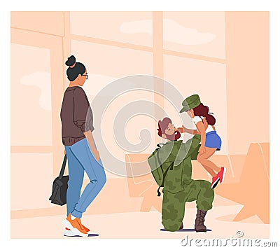 Mother And Daughter Reunite With Their Soldier Dad Who Is In Uniform. Joy Of Homecoming, Military Families Life Vector Illustration