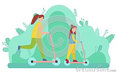 Mother and Daughter Riding Scooter Vector Image Vector Illustration