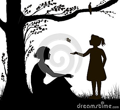 Mother and daughter silhouette, young woman is sitting under the tree and girl is trying to catch butterfly, family Vector Illustration