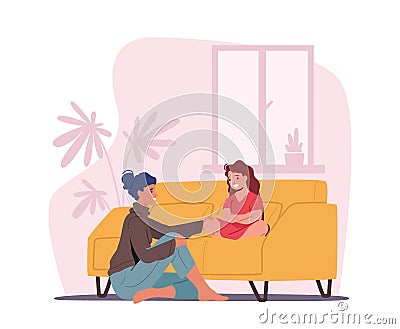 Mother and Daughter Sitting on Sofa in Living Room Telling Secrets. Mom and Girl Talking, Parent Character Support Child Vector Illustration