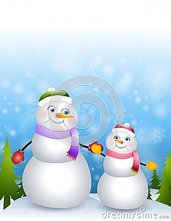 Mother Daughter Snowmen Cartoon Illustration