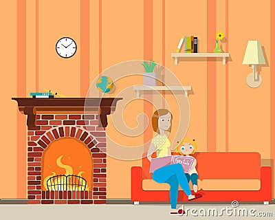 Mother and daughter on the sofa Vector Illustration