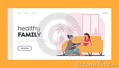Mother and Daughter on Sofa Telling Secrets Landing Page Template. Mom and Girl Talking, Parent Character Support Child Vector Illustration