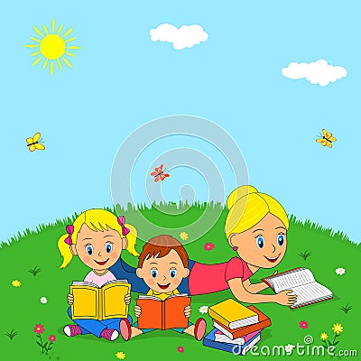 Mother, daughter and son reading books on a green meadow Vector Illustration