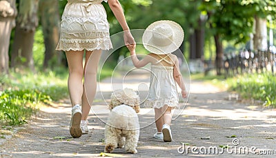 Mother and daughter strolling in sunny park with charming dog companion on a pleasant day Stock Photo