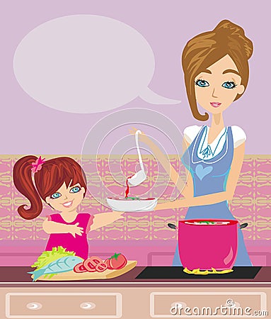 Mother and daughter tests food in the kitchen Vector Illustration