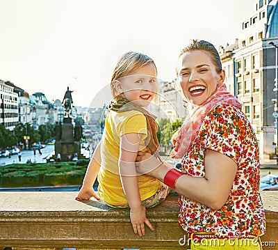 Mother and daughter tourists on Vaclavske namesti in Prague Stock Photo