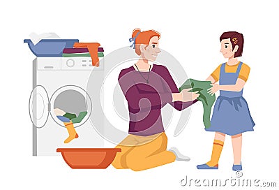 Mother daughter washing clothes together, laundry Vector Illustration