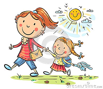 Mother and daughter on the way to kindergarten, parent and child walking outdoors Vector Illustration