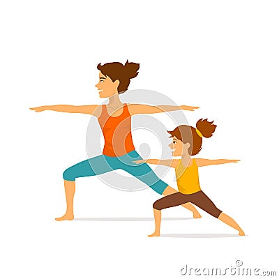 Mother and daughter, woman and girl child doing yoga exercises, standing in warrior two position Vector Illustration