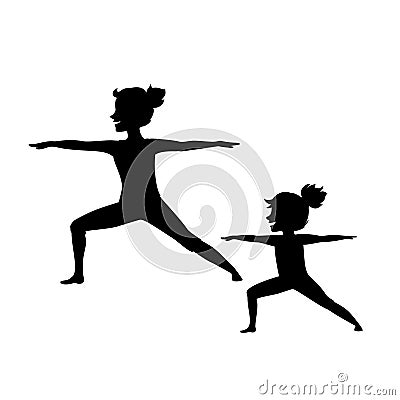 Mother and daughter, woman and girl child doing yoga exercises, standing in warrior two position Vector Illustration