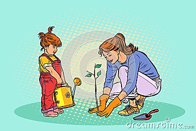 Mother and daughter working in the garden, planting a seedling Vector Illustration