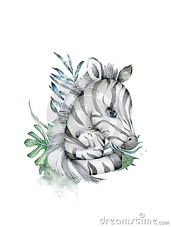 Mother Day. Hand drawn cute isolated tropical summer watercolor zebra animals. Zebra baby and mother cartoon animal illustrations Cartoon Illustration