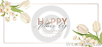 Mother day modern banner. Spring holiday floral vector sale illustration design. Realistic tulip and cherry flowers Vector Illustration