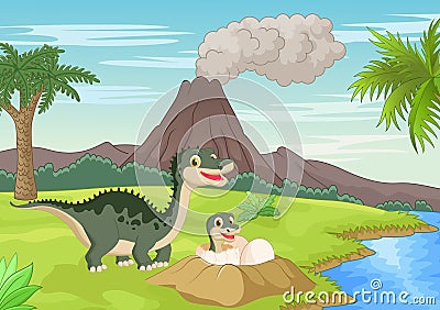 Mother dinosaur with baby hatching Vector Illustration