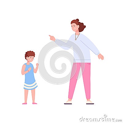 Mother discipline kid. Shouting mom punish cry guilty baby in bad behavior, parent woman yelling angry talk with Vector Illustration