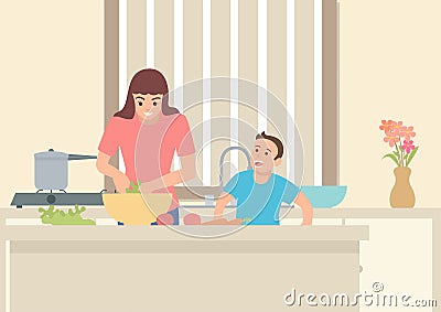 Mother doing activity in the kitchen with her son Vector Illustration