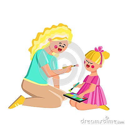 Mother Doing Beauty Make-up Little Daughter Vector Vector Illustration