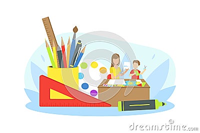 Mother Doing Craft with Her Son at Home, Mother Helping her Child with Homework Vector Illustration Vector Illustration