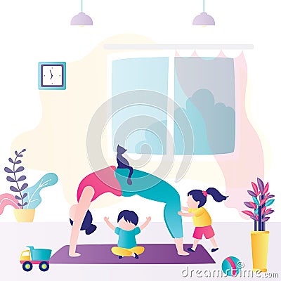 Mother doing exercises at home. Kids play around busy mom. Female character trying to practice yoga with children Vector Illustration