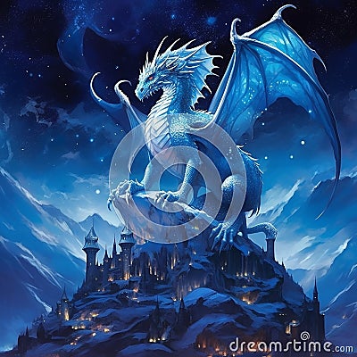 a mother dragon with a bluish color and its flying in a night sky full of stars AI generative Stock Photo