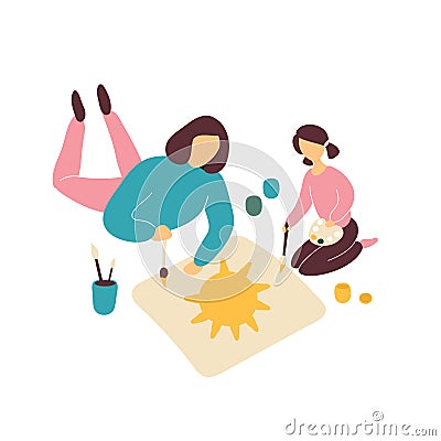 Mother drawing with daughter on floor Vector Illustration