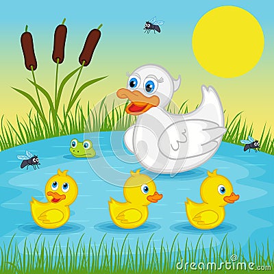 Mother duck with ducklings on lake Vector Illustration
