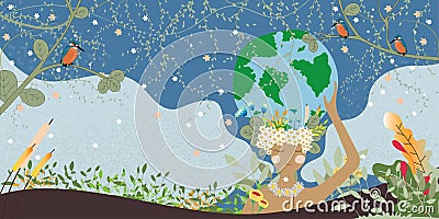 Mother earth day poster with hand holding planet,Nature fo woman. Cute cartoon Vector Girl with wild natural forest and globe, Vector Illustration