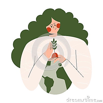 Mother Earth planet Day or protect globe environment nature. Environmental protection. Saving the planet, female Vector Illustration