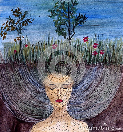 Mother Earth, woman face under ground in the field, fantasy Stock Photo