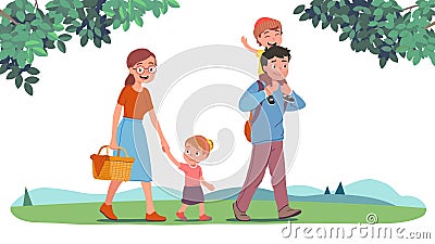 Mother, father, daughter, son kids walking in park Vector Illustration