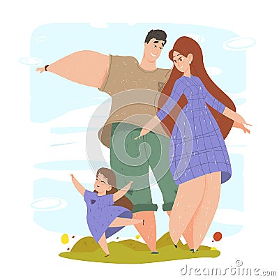Mother, Father and Daughter Waving Hands in Park Vector Illustration