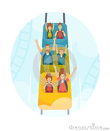 Mother, Father and Kids Characters Riding Roller Coaster, Family Extreme Recreation in Amusement Park, Fun Fair Carnival Vector Illustration