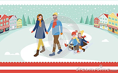 Mother and Father with Kids Outdoors, Town Street Vector Illustration