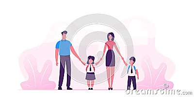 Mother and Father Leading their Children to School. Portrait of Modern Family Walking Together. Parents and Kids Vector Illustration