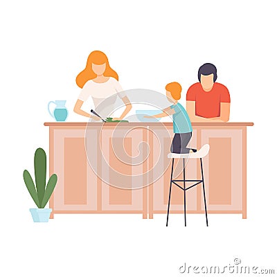 Mother, Father and Son Cooking Food In The Kitchen Together, Family in Everyday Life at Home Vector Illustration Vector Illustration