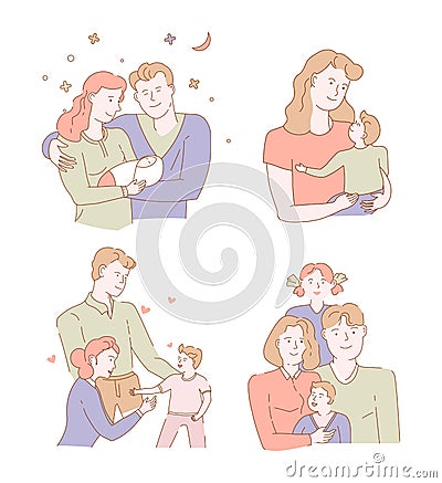 Mother father son and daughter family hugging isolated characters Vector Illustration