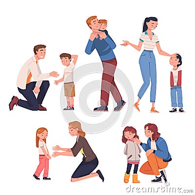 Mother and Father Talking to Their Child Supporting and Soothing Him Vector Set Vector Illustration