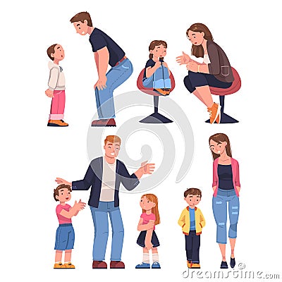 Mother and Father Talking to Their Child Supporting and Soothing Him Vector Set Stock Photo