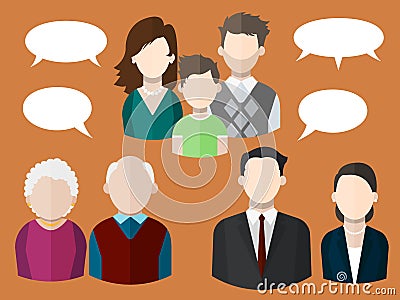 Mother, father and their son, grandpa and grandma, business man and business woman with different speech bubbles Vector Illustration