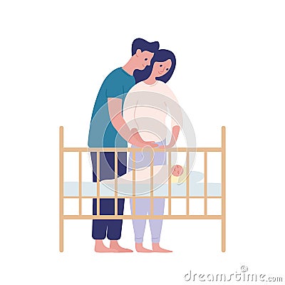 Mother and father watching at sleeping baby flat vector illustration. Parenting, family together isolated on white Vector Illustration