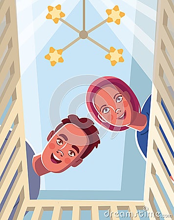 Mother and father watching a sleeping baby.View from the baby cradle Vector Illustration