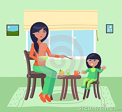 Mother feeding her daughter with a spoon with poridge, little girl having fun or rejoice, smiling Vector Illustration