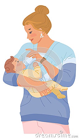 Mother feeding newborn with bottle. Happy motherhood Vector Illustration