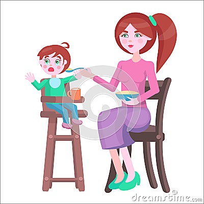 Mother Feeds Baby, Who Sits and Cries on Highchair Vector Illustration