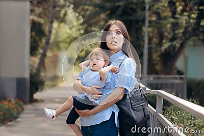 Tired Exhausting Mom Holding Naughty Toddler Child Stock Photo