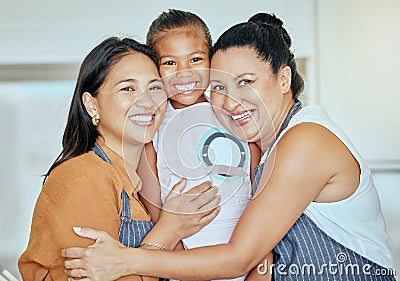 Mother, girl and grandma in hug kitchen with smile on face and help baking or cooking together. Family, apron and Stock Photo